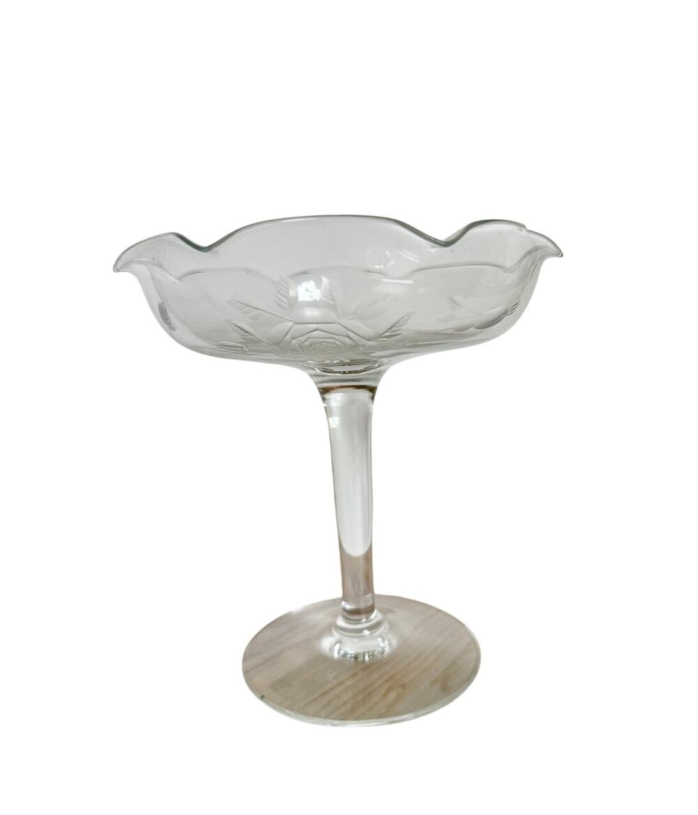 VINTAGE Glass Pedestal Candy Dish Ice Cream Bowl Ruffled Rim Rose Etch Fostoria